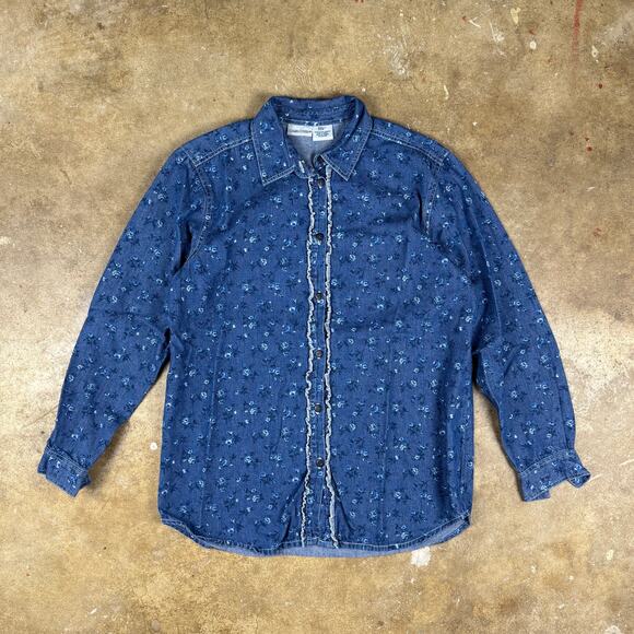 Vintage Cabin Creek Women’s Denim Floral Button Up Blue Ruffle‎ Cottagecore S - Picture 1 of 9